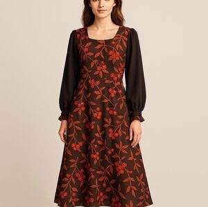 1960's Vintage Floral Red & Brown Long Sleeve Dress Size Large